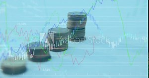 Digital composite video of financial data processing against stack of coins