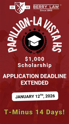 Papillion–La Vista High School seniors—two weeks left to apply. The Berry Law $1,000 Scholarship supports PLV students from military families or JROTC programs. Applications close January 12, 2026. Apply here → https://jsberrylaw.com/berry-law-papillion-la-vista-scholarship/?utm_source=facebook&utm_medium=social&utm_content=ap_jipnkqppnv #MilitaryFamilies #JROTC #PapillionScholarship #VetInjury | Veterans Disability Lawyers - Berry Law
