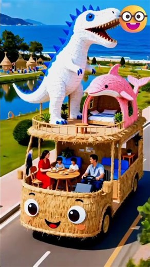 🦖 “Amazing Dino Bus Ride! Family Enjoys Lunch with Giant Dinosaur & Dolphin 🚌✨”