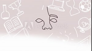 Animation of line portrait of african american face over education, communication and school icons Stock Video