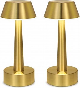 UMEXUS 2 Pack Rechargeable Small Cordless Table Lamp, LED Battery Operated Touch 3 Color Dimming Bedside Nightstand Desk Lamps Metal Portable Night Lights for Bedroom Bar Restaurant Outdoor Gold