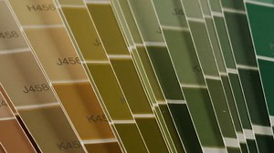 Color pallet, choosing the color by designer, furniture real estate or construction works. Creative graphic designer workspace, Work space of architect.