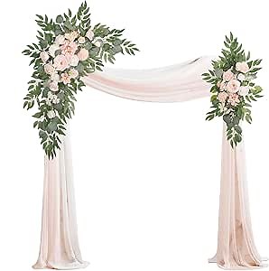 Artificial Arch Flowers Kit(Pack of 4),2Pcs Artificial Flower Arch Decor, 2Pcs Drapes, Ceremony and Reception Background Rose Decoration, Flamingo Pink Rose Floral Outdoor Party Decor