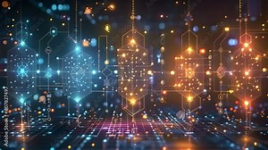 A matrix of glowing nodes and lines representing a networked data structure.