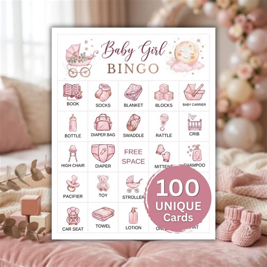 Baby Girl Bingo – Printable Baby Shower Bingo Game, 100 Prefilled Baby Bingo Cards, Fun Baby Shower Game, Modern Baby Shower Activity - Etsy