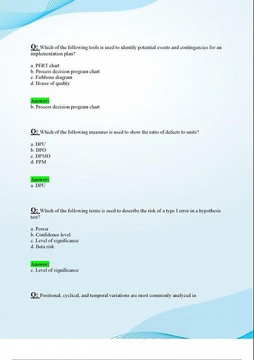 ASQ GREEN BELT EXAM LATEST 2024 2025 UPDATE QUESTIONS AND VERIFIED ANSWERS GRADE A 100 CORRECT