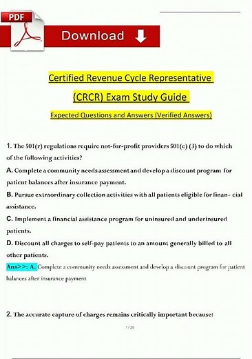 Latest Certified Revenue Cycle Representative Crcr Exam Study Guide Questions And Revised Correct