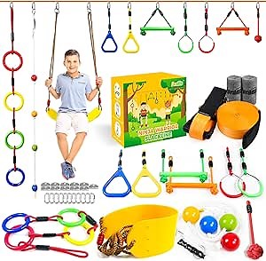 Ninja Warrior Obstacle Course for Kids-52ft Ninja Slackline with 10 Accessory-Slackline Obstacle Course-Swing, Climb Circle, Climb Rope Ball