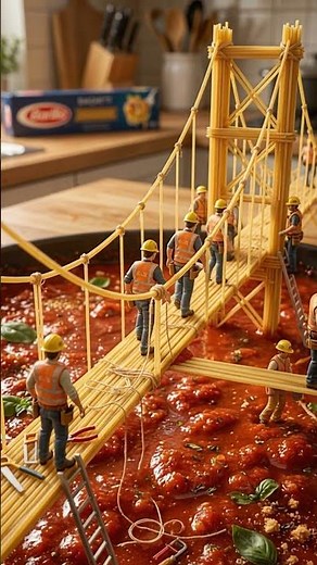 Tiny Engineers Building a Spaghetti Bridge 🍝🌉 #speghetti #food #ai