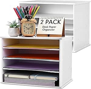 2 Pcs Desktop File Sorter with 3 Adjustable Shelves for Home and Office, Scrapbook Paper Organizer Storage Paper Letter Tray Organizer Wall Mount, White