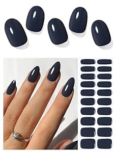 Semi Cured Gel Nail Strips (Dark Grey Blue), 20 Pcs Gel Nail Wraps, Stickers, UV Light Required, Salon Quality, Long Lasting