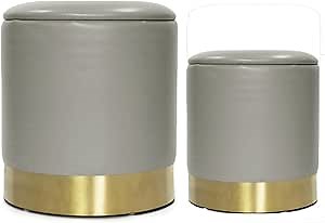 Faux Leather Ottoman With Storage - Round Stool for Living Room, Modern Pouf Set of 2 (Khaki)