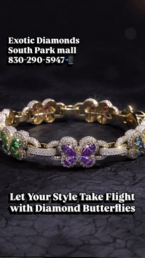 Iced-out butterfly bracelet with custom detail and excellent craftsmanship. Shine different with Exotic Diamonds. Visit us at South Park Mall or call today. Exotic Diamonds South Park Mall 830-290-5947 📲 #ExoticDiamonds #IcedOutBracelet #CustomJewelry #ButterflyBling #SanAntonioJewelry 💎🦋