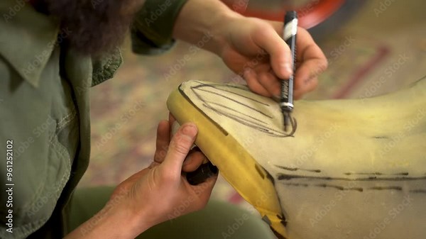 A craftsman carefully sketches a custom pattern on a vintage motorcycle seat for a restoration project.