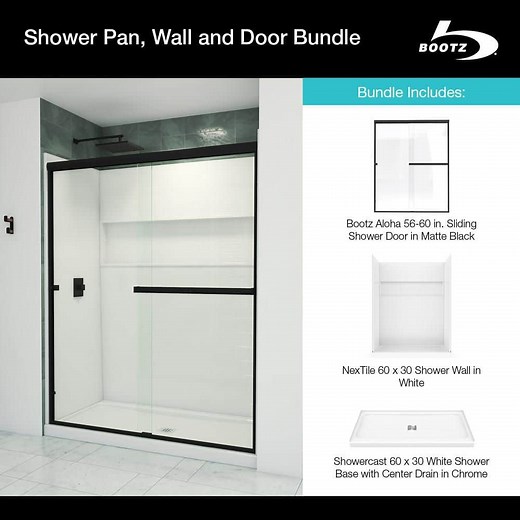 Bootz Industries Aloha ShowerCast 60 in. x 30 in. Center Shower Pan, NexTile 60 in. x 30 in. Shower Wall and Matte Black Shower Door Kit - The Home Depot