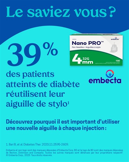 Nouvel emballage, même produit!✨ Il est important d'utiliser une nouvelle aiguille à chaque injection* Saviez-vous que 39% des patients diabétiques réutilisent leurs aiguilles de stylo? Utiliser une aiguille neuve à chaque injection garantit la stérilité, réduit la douleur et le risque de saignement, et prévient la lipohypertrophie, assurant ainsi une absorption régulière de l'insuline et une glycémie stable.🙋‍♀️ Rendez-vous en succursale pour savoir si Embecta vous convient. *Les pharmaciens s