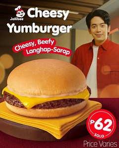 What happens when you pair our irresistible juicy beef with cheese that’s oh-so-creamy? Langhap-sarap in every bite! Mag Jollibee Cheesy Yumburger na for only P62 Solo! Price Varies. Order our Cheesy Yumburger via: 📱 bit.ly/JollibeePHApp 💻 JollibeeDelivery.com ☎️ #87000 🏬 Dine-in or Take Out 🚗 Drive-Thru 🏍️ GrabFood or Foodpanda | Jollibee