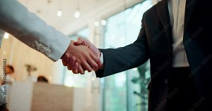 Business people, handshake and meeting in hotel for b2b, introduction and welcome or collaboration. Conference, seminar and employee with client shaking hands for deal, partnership or agreement