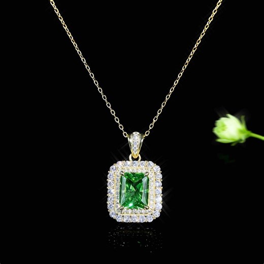 Art Deco Emerald Pendant Necklace, Gold Plated Sterling Silver Halo - Etsy