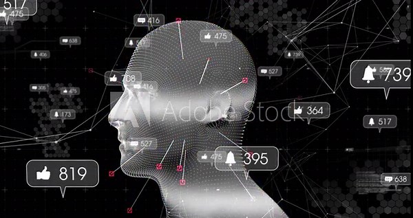 3D wireframe head receiving alert spike, rotating with scan band while bubbles updating metrics