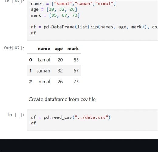Creating DataFrames in Python with Pandas A beginner-friendly Jupyter Notebook that teaches how to create and manipulate Pandas DataFrames from various data sources. Includes practical examples for setting up data structures critical for data analysis and visualization. #Python #Pandas #DataAnalysis #DataScience #DataFrame #JupyterNotebook #Analytics #Visualization #PythonForDataScience | Vikash Udarsha