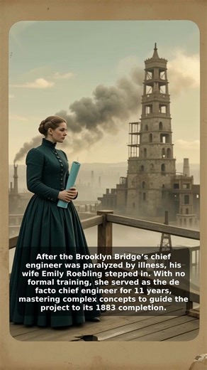 (Follow for more Women of History!)... When the chief engineer of the Brooklyn Bridge project became paralyzed by illness, his wife stepped in to finish one of the greatest engineering marvels of the 19th century. The project began under the visionary John A. Roebling, but after his sudden death in 1869, his son Washington Roebling took over as chief engineer. Just a few years into construction, around 1872, Washington became severely ill with caisson disease, or “the bends,” from working in the