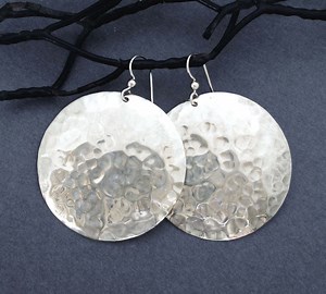 Large Shiny Sterling Silver Disc Earrings Big Round Dangles Hammered Metal - Etsy