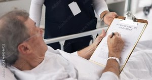 Hospital, doctor and man sign dnr form on clipboard for medical service, will and do not resuscitate. Healthcare, cancer and health worker with application for senior patient for insurance in clinic