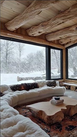 Cozy log cabin living room with fireplace, rustic beams, and snowy forest view .