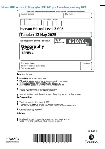 Pearson EDEXCEL A Level Geography Paper 1 9ge0 01 Mark Scheme May 2025