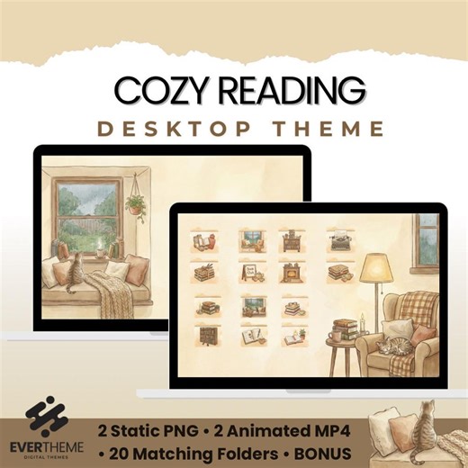 Cozy Reading Desktop Theme | Bookish Desktop Organizer | Animated Wallpaper & Folder Icons | Mac Windows Digital Download - Etsy
