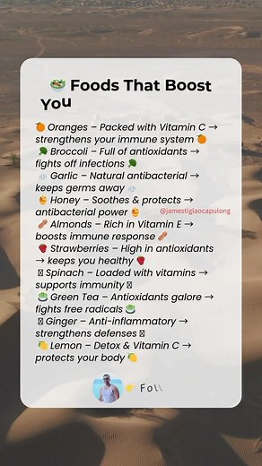 🥗 Boost Your Immunity Fast with These Power Foods! 💪🦠 Say goodbye to frequent colds and hello to a stronger, healthier you! 🌿✨ #ImmunityBoost #HealthyEating #Superfoods #WellnessTips #HealthTipsDaily #FBLifestyle #ReelsViral #StayHealthy #NutritionFacts #HealthyLiving | James Tiglao Capulong