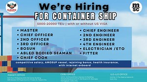 EXCITING OPPORTUNITIES AWAITS Join our Mediterranean Shipping Company (MSC) Fleet and be part of the largest container company in the world. The company offers competitive salary, rejoining bonus, health care benefits, internet onboard, etc. Hurry and apply now! For interested applicants, please fill out our online application https://elburg.crewinspector.com/public/main or you may send us your CV thru our email recruitment@elburgshipmanagement.com.ph For more inquiries, you can call or text our