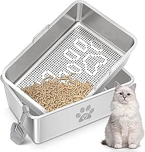 Stainless Steel Litter Box with Lid, Sifting Litter Box for Wood Pine Pellets, Sifter Litter Pan System for Big Cats, Pellet Cat Box with Scoop, Low Dust, Less Tracking, Odor Control