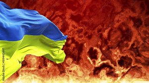 Ukraine waving flags burning on fire. Symbol of Ukrainian and Russian conflict 4k background.