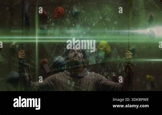 Climber gripping ropes activating sports tech scan grid overlaying climbing wall with floating data. Adventure, innovation, fitness, digital, sport, analysis, activity Stock Video Footage - Alamy