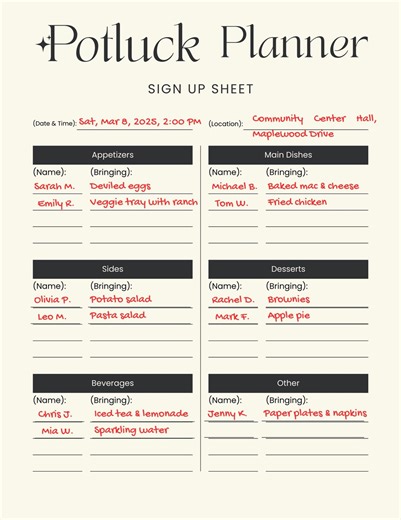 Potluck Sign up Sheet for Parties, Gatherings, Events, Holiday Meals, Community Dinners, Office Lunches, Family Reunions Organizer Template - Etsy