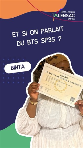 Lycée Campus Talensac on Instagram: "Binta est diplômée du BTS SP3S (Services et Prestations des Secteurs Sanitaire et Social). Elle partage son témoignage sur cette formation qui l’a menée au cœur de l’action, entre accompagnement, écoute et gestion de situations concrètes. Le BTS SP3S, c’est une formation en voie scolaire ou en alternance qui te prépare à un métier concret, humain et polyvalent. Tu passes de la théorie à la pratique, sur le terrain, aux côtés de professionnels du secteur sanit