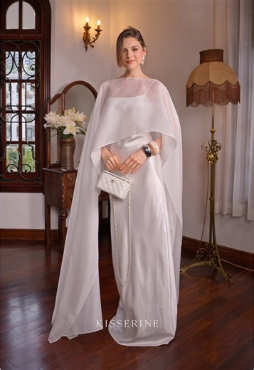 RADIANT GOWN · White is a refined combination of a minimalist silk slip dress and a sheer chiffon cape, softly draping against the skin, fluid in movement, and quietly radiant in white. Designed for brides who embrace lightness, elegance, and a beauty that needs no excess 🤍