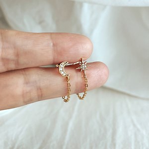 Gold Moon and Star Chain Earrings, Dainty Dangle Chain Earrings, Mismatched Earrings, Celestial Jewelry, Perfect Gift for Her - Etsy