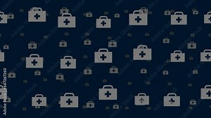 First aid symbols float horizontally from left to right. Parallax fly effect. Floating symbols are located randomly. Seamless looped 4k animation on dark blue background
