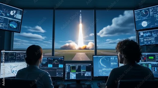 Control room view of a rocket launch, scientists watching monitor displays of data