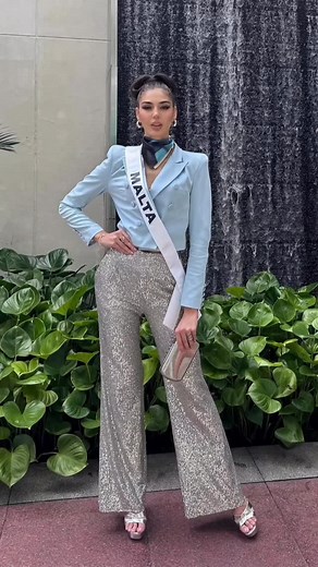 Confidence wrapped in sequins and sky blue. Malta shining bright in Thailand in Nina Covaci ✨🇲🇹 #BeautyQueen #maltafashion Julia Ann Cluett 😍👑 Miss Universe Malta | Nina Covaci Malta