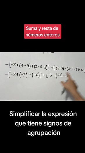 En este ejercicio simplificamos las operaciones de suma y resta de números enteros con signos de agrupación. #numerosenteros #sumayrestaenteros #signosdeagrupacion #septimo