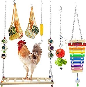 Oziyrnka Chicken Toys for Hen, 6Pcs Chicken Toys for Coop with Durable Long Chain, Chicken Swing Roomy Solid Wood, Chicken Coop Toys Fruits Feeder, Toys for Chickens, Chicken Xylophone