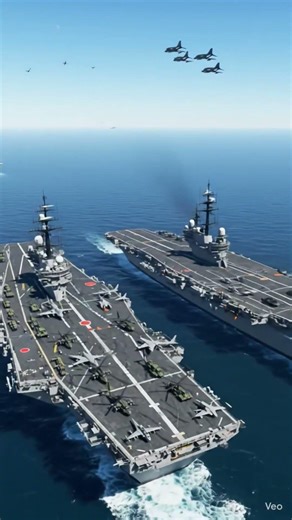 Two aircraft carrier accompanied by a F4 jet fighter sailing open sea.