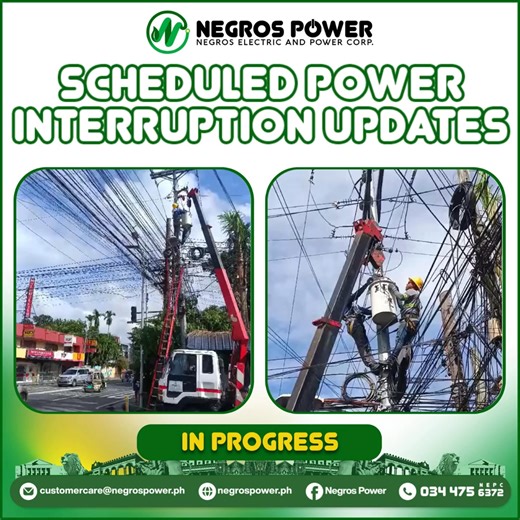 SCHEDULED POWER INTERRUPTION UPDATES Date & Time: February 18, 2026 (Wednesday) as of 9:30AM Yari ang mga ongoing maintenance activities subong sa: Affected areas: 8:00AM to 12:00NN Portion of TF1 - Corner Paseo Mabini-Capt. Sabi St., Brgy. Zone 12, Talisay City. Reason: Upgrading of 1-37kVa to 1-50kVa common Distribution Transformer Ini kabahin sang 5-year rehabilitation kag modernization plan sang Negros Power agud malikawan ang mas madugay nga power interruptions kag mapabakod ang aton distri