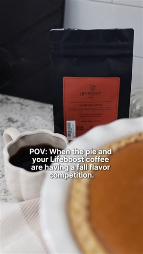 POV: Your pumpkin pie and Lifeboost coffee are going head-to-head in the ultimate fall flavor showdown 🍂☕️ Our specialty Pumpkin Spice coffee is a beloved fall classic. Each sip combines the smooth finish of our signature medium roast, stomach-friendly coffee beans with the tantalizing flavors of fall: cinnamon, nutmeg, cloves, and pumpkin. From rich seasonal spices to smooth coffee, every bite and sip screams autumn. Don’t just watch—experience it yourself! Order your Lifeboost Pumpkin Spice c