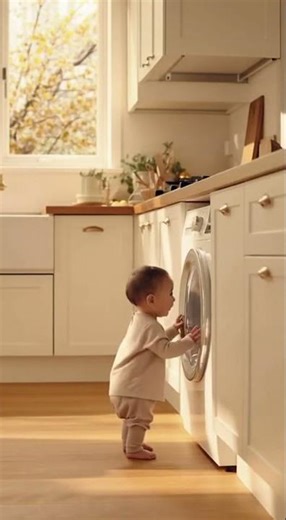 A baby and an automatic washing machine
