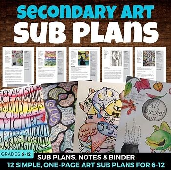 12 Art Sub Lessons with Editable Sub Binder - Middle, High School Art Sub Plans